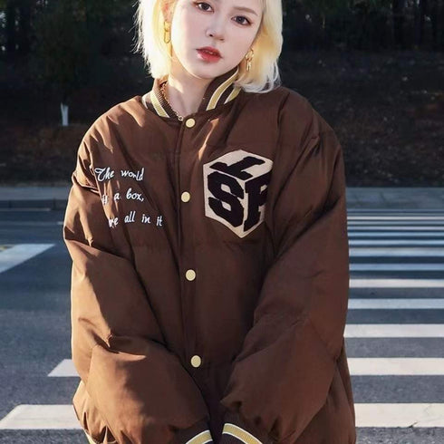 Brown Student Letter Embroidered Baseball Padded Jacket Women