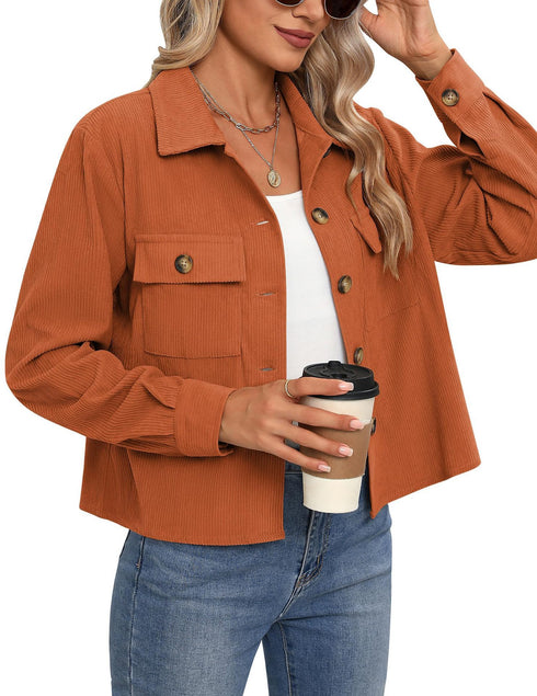 Corduroy Button Cropped Jacket For Women