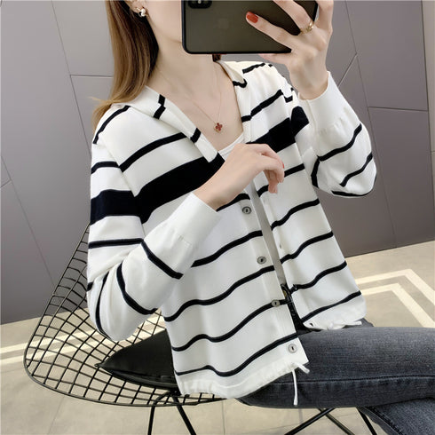 Striped Hooded Loose Knit Cardigan Jacket Women