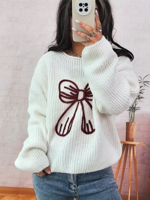 Bow Round Neck Long Sleeve Sweater