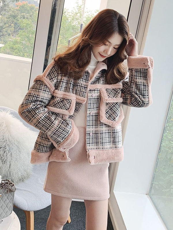 Women plus velvet short fur plaid jacket