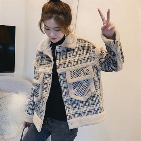 Women plus velvet short fur plaid jacket