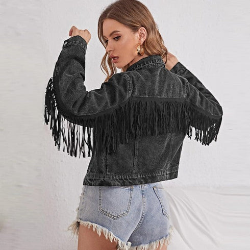 Cropped fringe denim jacket