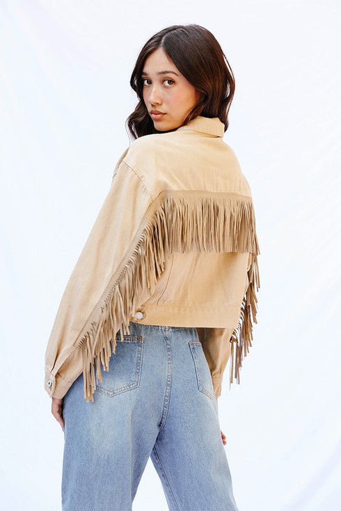 Cropped fringe denim jacket