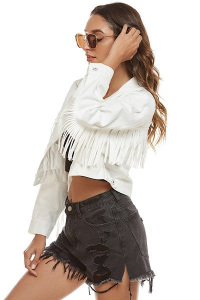 Cropped fringe denim jacket