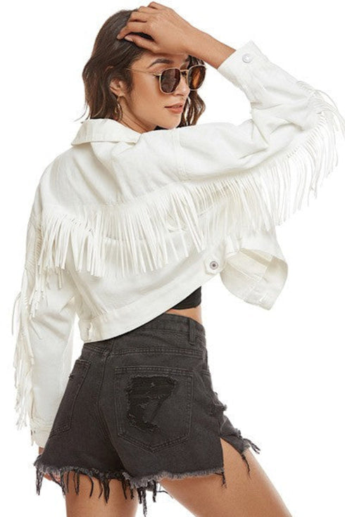 Cropped fringe denim jacket