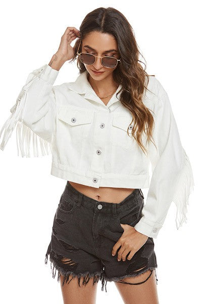 Cropped fringe denim jacket