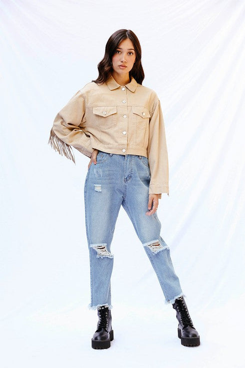 Cropped fringe denim jacket