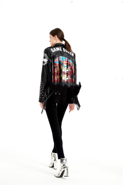 Graffiti Printed Rivet Slim Short Leather Jacket Women