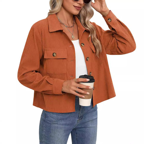 Corduroy Button Cropped Jacket For Women