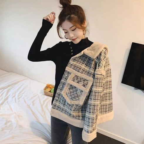 Women plus velvet short fur plaid jacket