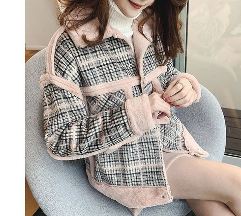 Women plus velvet short fur plaid jacket