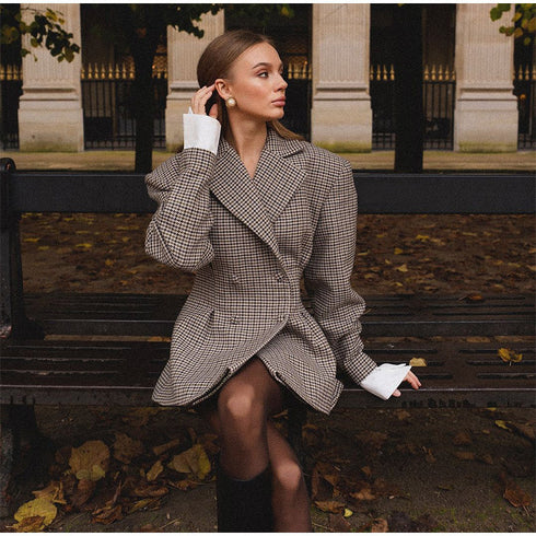 Fashion Plaid Waist-tight Suit Jacket For Women