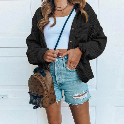 Solid Button Pocket Casual Shirt Waffle Jacket Women