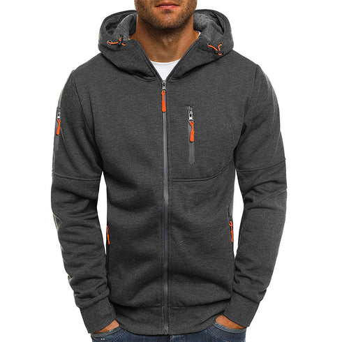 Men's Casual Zipper Hooded Sweater Solid Color Sports Fitness Jackets Cardigan