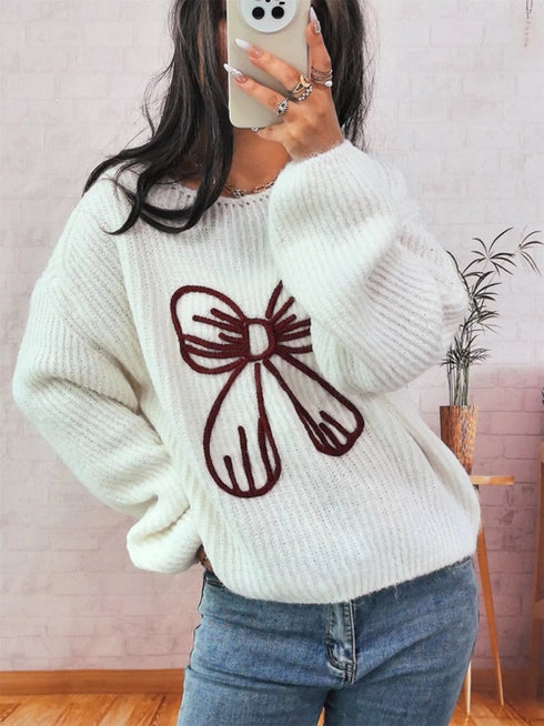 Bow Round Neck Long Sleeve Sweater
