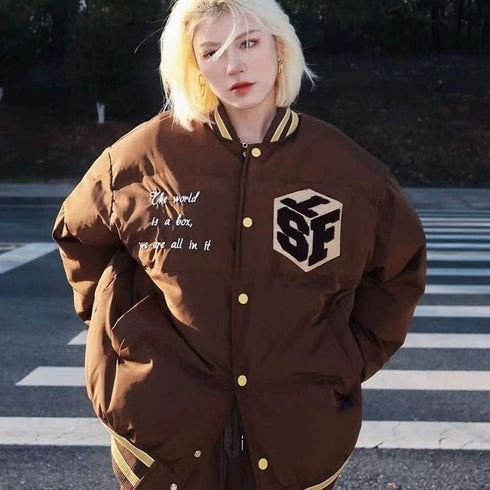 Brown Student Letter Embroidered Baseball Padded Jacket Women