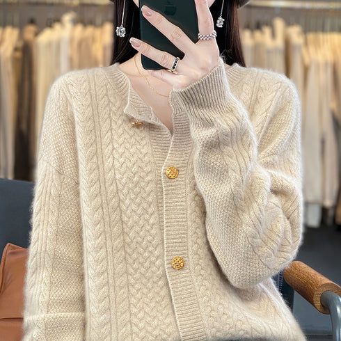 Round Neck Twisted Wool Flowery Jacket Women