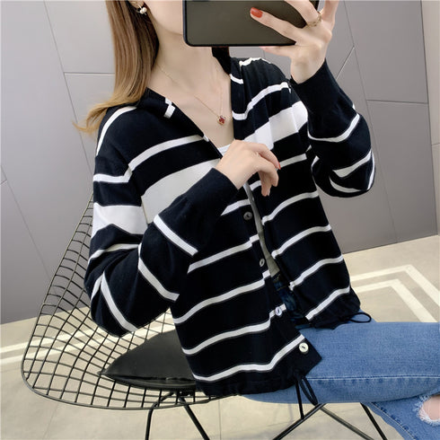 Striped Hooded Loose Knit Cardigan Jacket Women