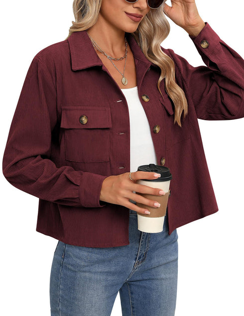 Corduroy Button Cropped Jacket For Women
