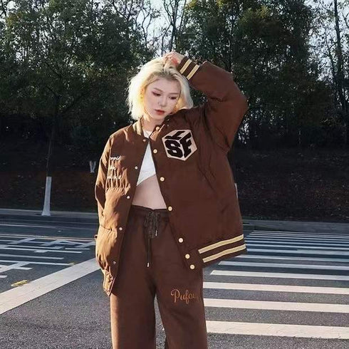 Brown Student Letter Embroidered Baseball Padded Jacket Women