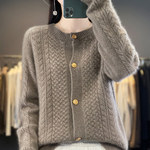 Round Neck Twisted Wool Flowery Jacket Women