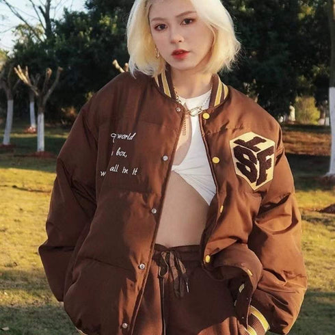 Brown Student Letter Embroidered Baseball Padded Jacket Women
