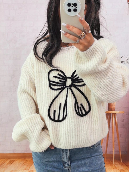Bow Round Neck Long Sleeve Sweater