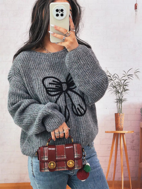 Bow Round Neck Long Sleeve Sweater
