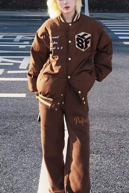 Brown Student Letter Embroidered Baseball Padded Jacket Women