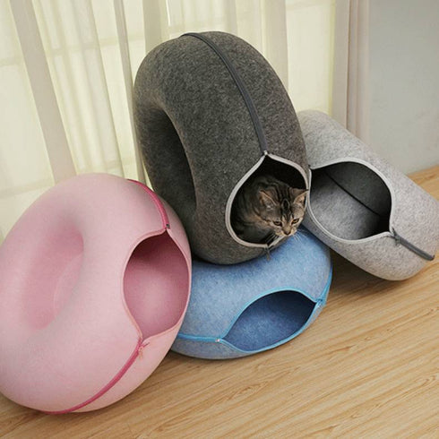 Donut Cat Tunnel Bed Pets House Natural Felt Pet Cat Cave Interactive Toys Round Wool Felt Pet Bed Cat Training Toy Cat House