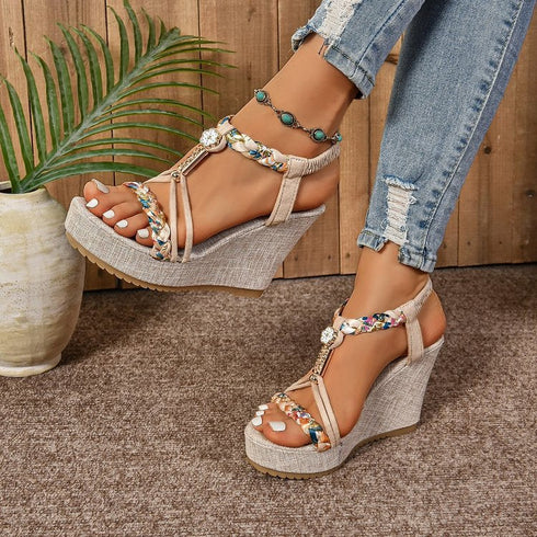 25 Edition – Rhinestone Hemp Wedge Sandals