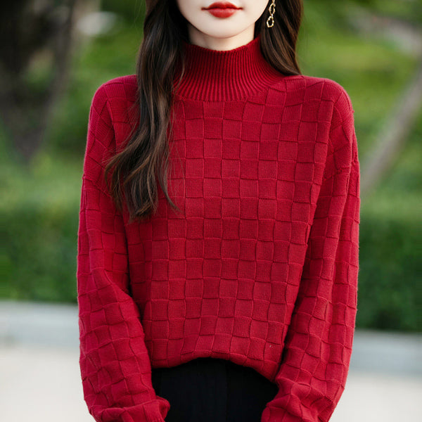 Women's Square Decorative Solid Color Long-sleeved Knitted Sweater