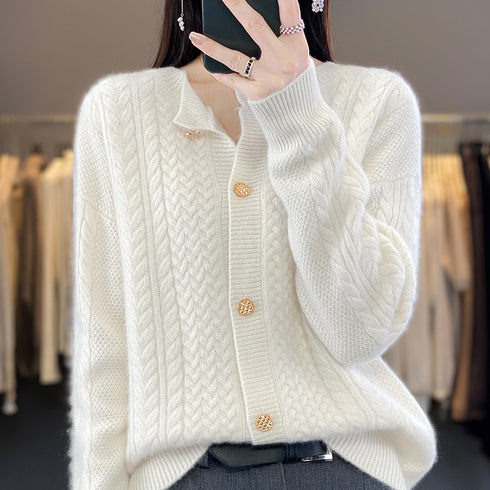 Round Neck Twisted Wool Flowery Jacket Women