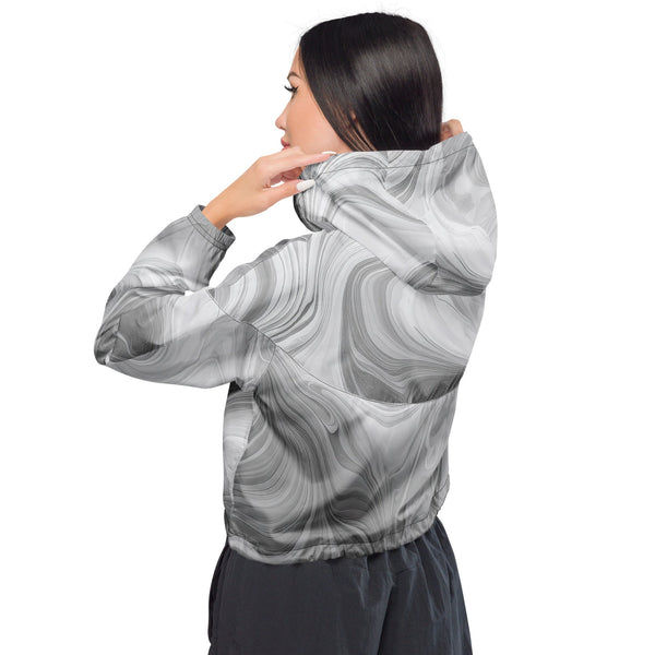 Womens Cropped Windbreaker Jacket - Grey White Boho Marble Print