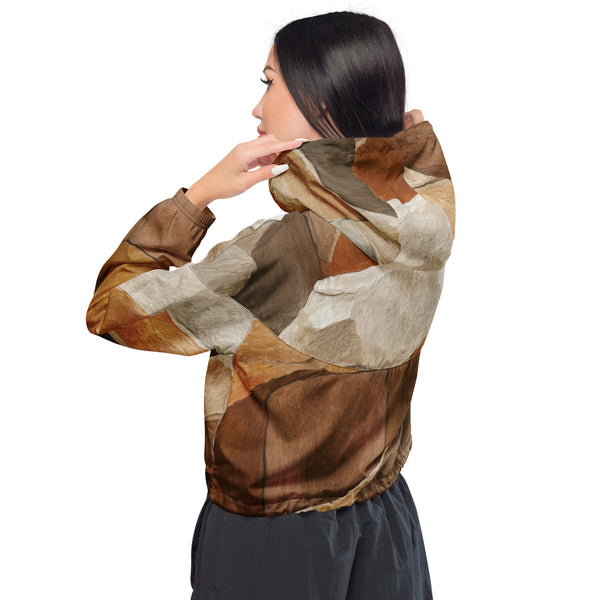 Womens Cropped Windbreaker Jacket - Abstract Stone Print