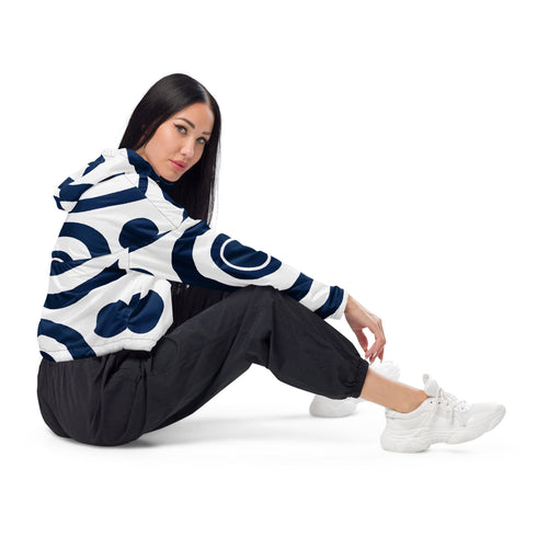 Womens Cropped Windbreaker Jacket - Navy Blue and White Circular