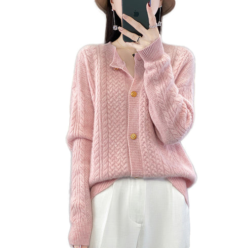 Round Neck Twisted Wool Flowery Jacket Women