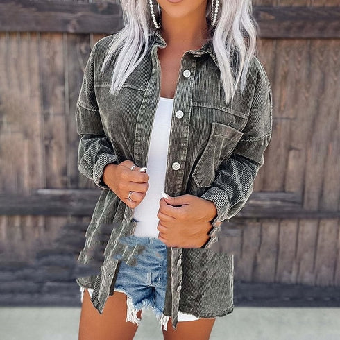 Retro Distressed Corduroy Shirt Jacket Coat For Women
