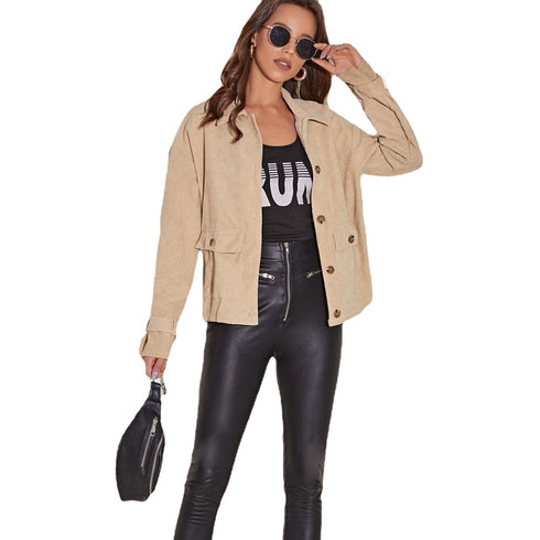 Corduroy Casual Short Coat Jacket Loose Casual Single-breasted Lapel Jacket Women