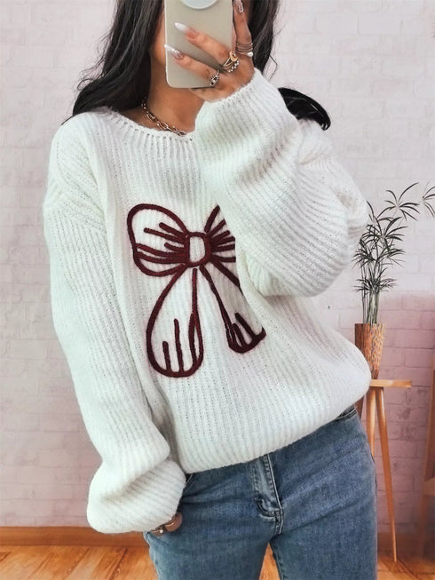 Bow Round Neck Long Sleeve Sweater