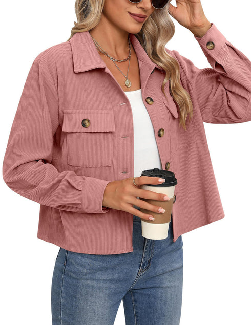 Corduroy Button Cropped Jacket For Women