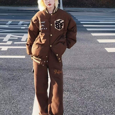 Brown Student Letter Embroidered Baseball Padded Jacket Women