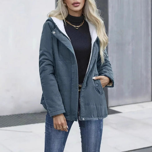 Fleece-lined Hooded Coat Winter Preppy Style Long Sleeve Jacket Warm Pockets Cotton Coat Women's Clothing