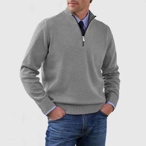 Men's Stand Collar Zipper Sweater Winter Fashion Solid Color Long Sleeve Knitted Top Clothing