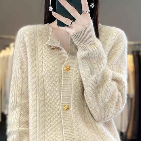 Round Neck Twisted Wool Flowery Jacket Women
