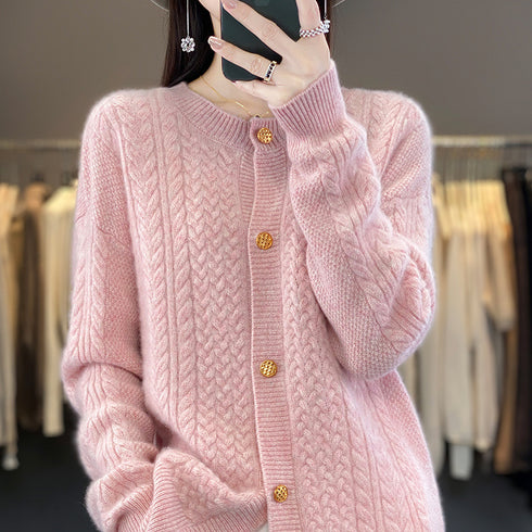 Round Neck Twisted Wool Flowery Jacket Women