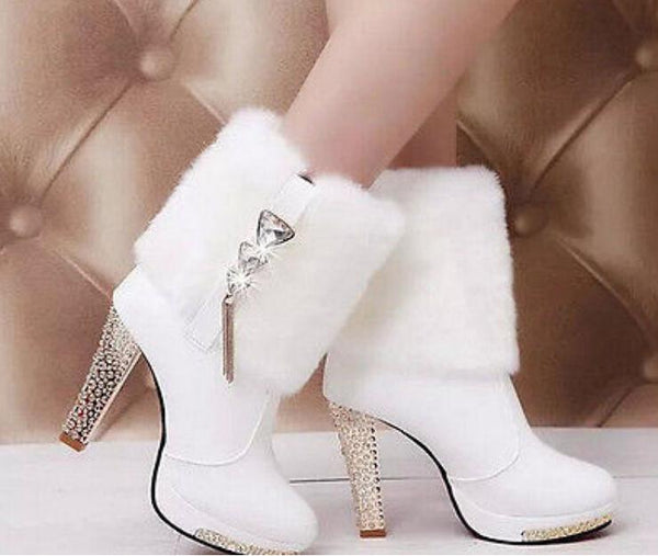 Fashion Winter High Heel Snow Boots Women's Winter Chunky Heel
