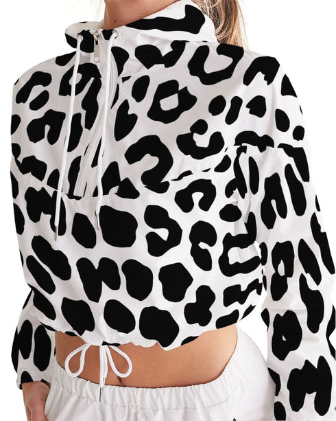 Womens Cropped Windbreaker Jacket - Black and White Leopard Print