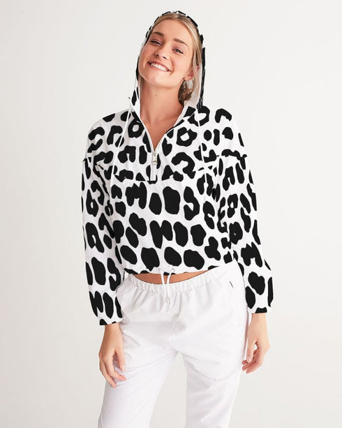 Womens Cropped Windbreaker Jacket - Black and White Leopard Print
